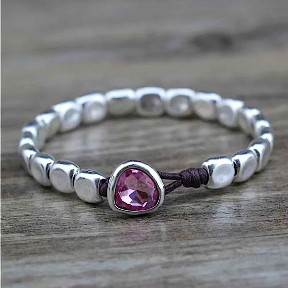 Bohemian Beaded Amethyst Silver Bracelet, Boho Tribal Vintage